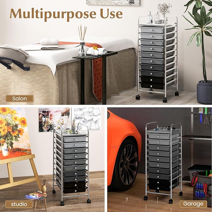 RELAX4LIFE Craft Organizers and Storage Cart - Rolling Cart with 10 Drawers, Lockable Casters for Tools, Trolley Cart with Wheels, Utility Cart for School, Home Office, Craft Cart (Gradient Black)