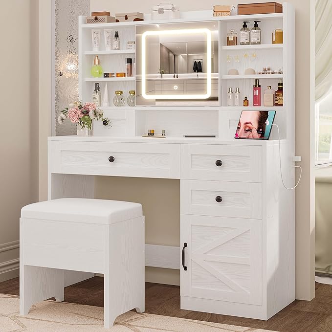 IRONCK Vanity Desk with LED Lighted Mirror, Large Storage Makeup Vanity Table with 5 Drawers, Cabinet, 7 Open Shelves, Power Outlet, Storage Stool, Bedroom, White
