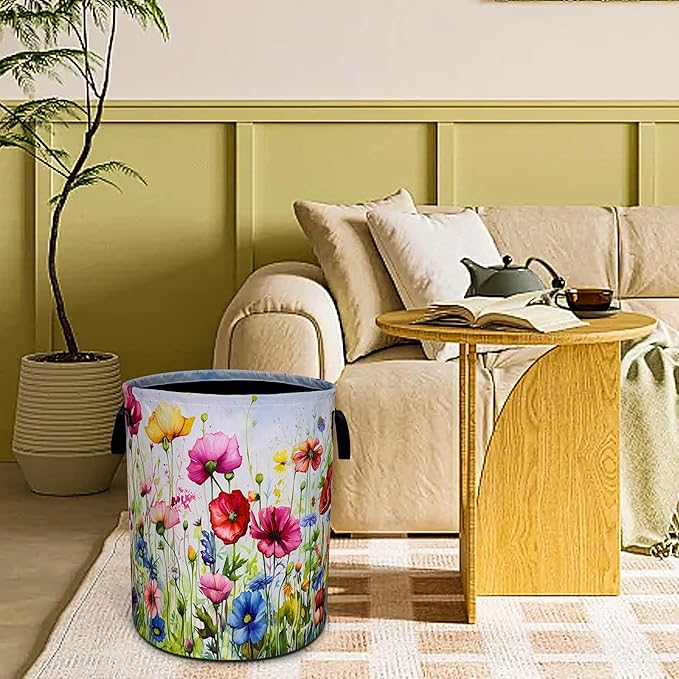 Colorful Flowers Laundry Basket Boho Floral Print Foldable Waterproof Oxford Cloth Funny Tote Bag Laundry Hamper Clothes Storage Bucket Toy Organizer For Bathroom/Laundry Storage/Bedroom 18.9x16.5 In