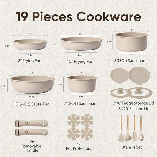CAROTE 19pcs Pots and Pans Set Non Stick, Nonstick Cookware Set Detachable Handle, Induction Kitchen Cooking Sets with Removable Handle, RV Kitchen, Oven Safe, Taupe