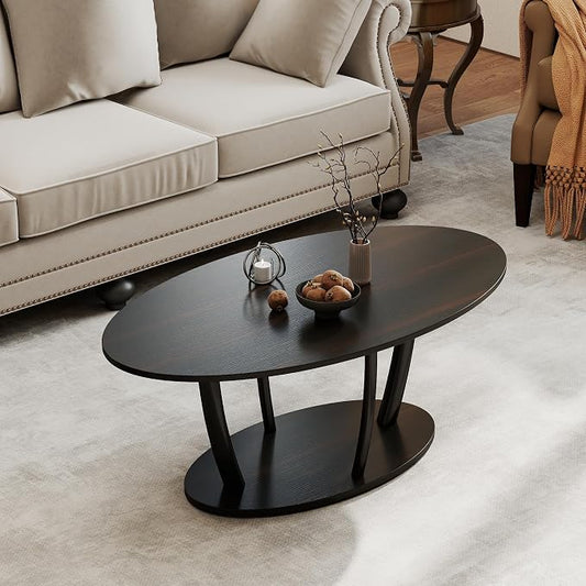 Manora Rustic Small Oval Coffee Table for Living Room, Narrow Wood Center Table with Shelf, Retro Style Coffee Table with Curved Metal Legs, Stable and Easy Assembly, Black Brown