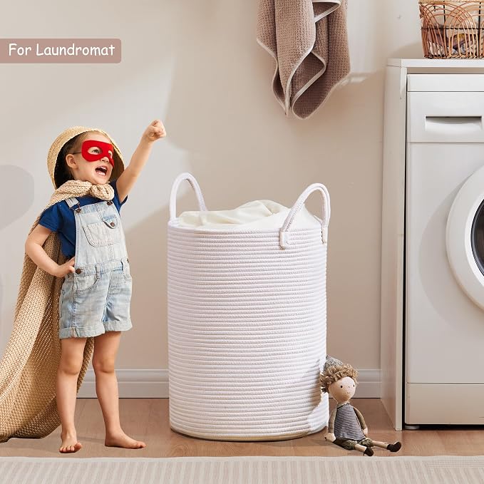 60L Pure White Woven Hamper Laundry Basket Cotton Rope Blanket Basket for Living Room 15Dx20H inches Tall Clothes Hamper for Baby Nursery Kids in Bedroom Large