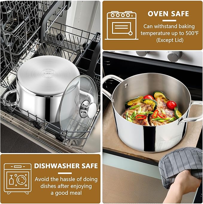 P&P CHEF 8 Quart Tri-Ply Stainless Steel Stock Pot, 8 Qt Stockpot Pasta Cooking Pot with Visible Lid for Soup Vegetable, Induction Cookware for All Stoves, Sturdy & Double Handle, Dishwasher Safe