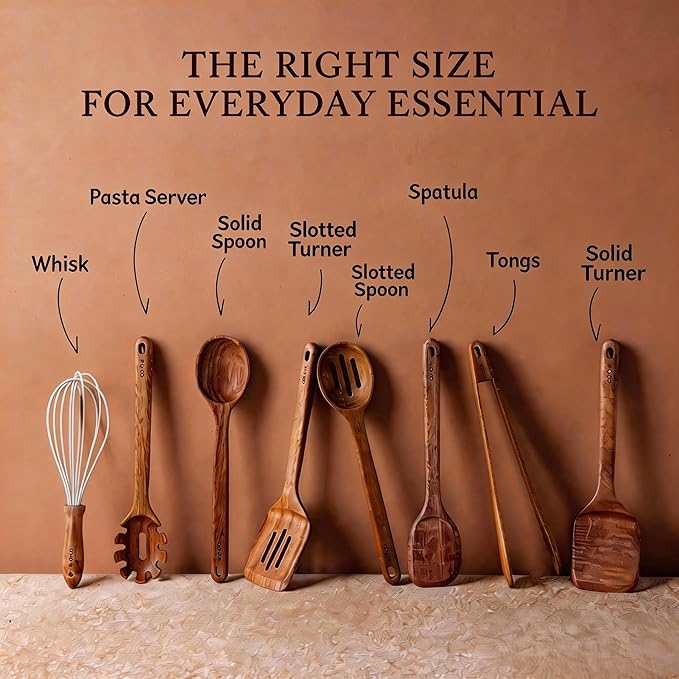 CAROTE Wooden Kitchen Utensils Set, Acacia Wood 8pcs Cooking Utensil Set for Nonstick Cookware, Long-lasting Wooden Spoons for Cooking, Spatula, Turner