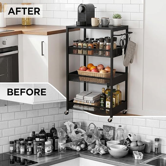 Rolling Utility Cart, 4 Tier Metal Storage Cart with Handle and Wood Top, Multifunctional Mobile Shelf Unit Organizer Trolley for Laundry, Bathroom, Kitchen