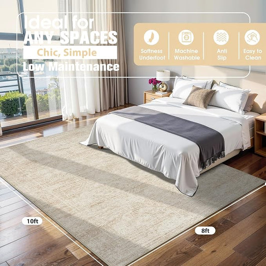 8x10 Area Rugs for Living Room Rug Washable: Abstract Large Rug for Dining Room Bedroom Carpet Non Slip 8 by 10 Indoor Modern Nursery Home Office Beige
