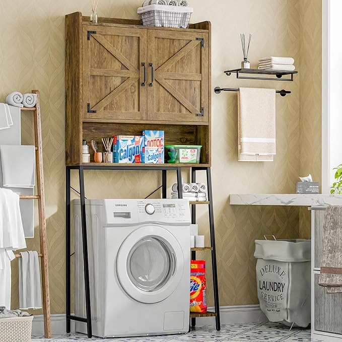 Vabches Over The Toilet Storage Cabinet, Farmhouse Storage Cabinet Over Toilet with Barn Doors & Toilet Paper Holder Stand,Home Space-Saving Toilet Rack, for Restroom, Laundry and Bathroom