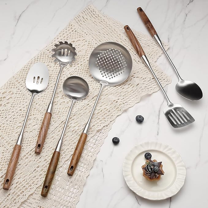 6 Pcs Cooking Utensils Set 304 Stainlss Steel Kitchen Utensils Set Heat Resistant Wooden Handle Kitchen Tools Metal Kitchen Utensil Soup Ladle Set, Dishwasher Safe