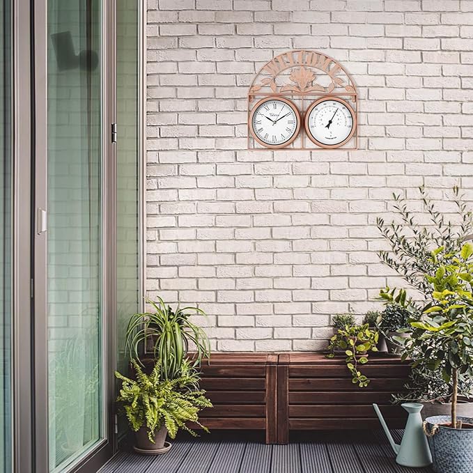 17Inch Large Outdoor Clock,Waterproof Wall Clock with Thermometer,Weatherproof Non-Ticking Quartz Battery Operated Decor Clock for Patio,Garden,Pool,Porch,House Warming Gifts