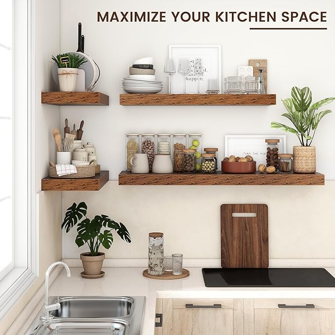 Floating Shelves for Wall, 24 Inch Wide x 12 Inch Deep Floating Shelves, Long Wood Floating Wall Shelf Shelves for Living Room Bathroom Bedroom Kitchen Home - (Brown, 24" W x 12" D x 2" H)