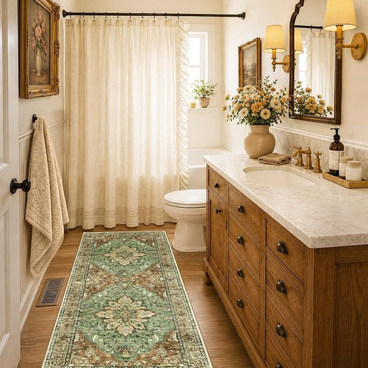 RELEANY Area Rugs Runner 2'x6' Washable Non-Slip, Floral Vintage Distress Medallion Carpet for Kitchen Hallway Bedroom Beside Laundry Room Bathroom, Terracotta Burnt Orange Green