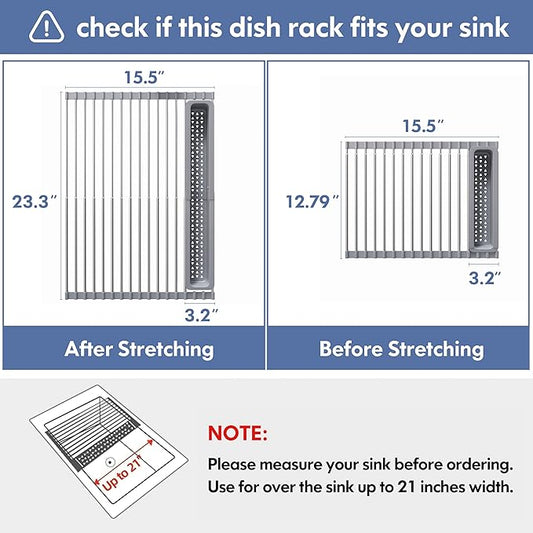 JASIWAY Over The Sink Dish Drying Rack for Kitchen, Expandable (12.8"-23.8" D x 15.5" W) Roll Up Dish Drainer with The Function of Fordable, Rust Proof, Large Sink Cover with Removable Utensil Holder