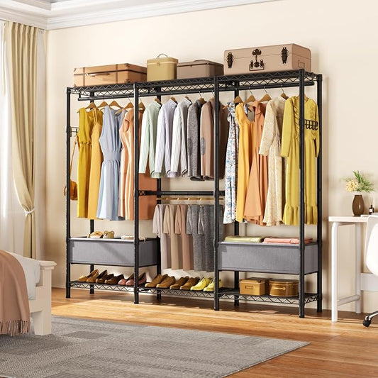 Golpart Clothes Rack Coat Rack Closet Organizers and Storage Laundry Room Organization Heavy Duty Portable Clothing Racks for Hanging Clothes Adjustable Freestanding with Shelves and Wheels Black