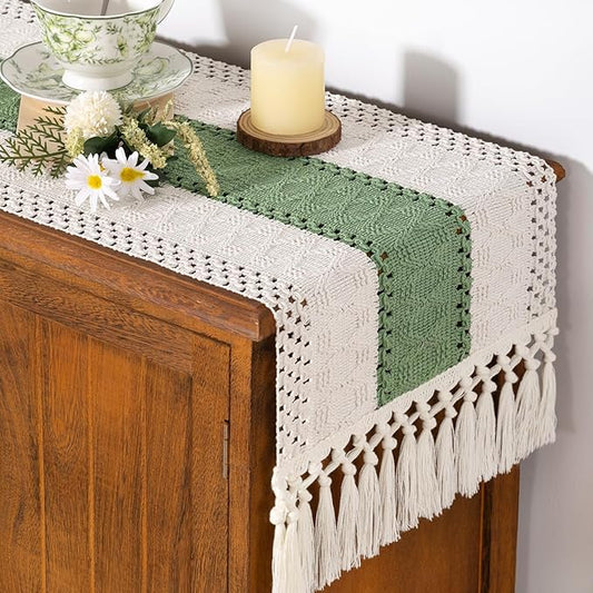 Socomi Boho Table Runner Valentine's Day Farmhouse Rustic Dining Kitchen Small Macrame Woven Cotton Linen Coffee Table Runner for Dresser Scarf Home Decor 12x36 inch Sage Green Ivory