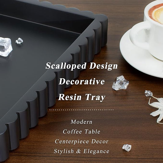 YMXYJM-Scalloped Coffee Table Tray,Ottoman Tray for Modern Home Decor. 14" Decorative Tray for Entryway Table Decor, Living Room Table Decor, Coffee Table Centerpiece - Black Resin