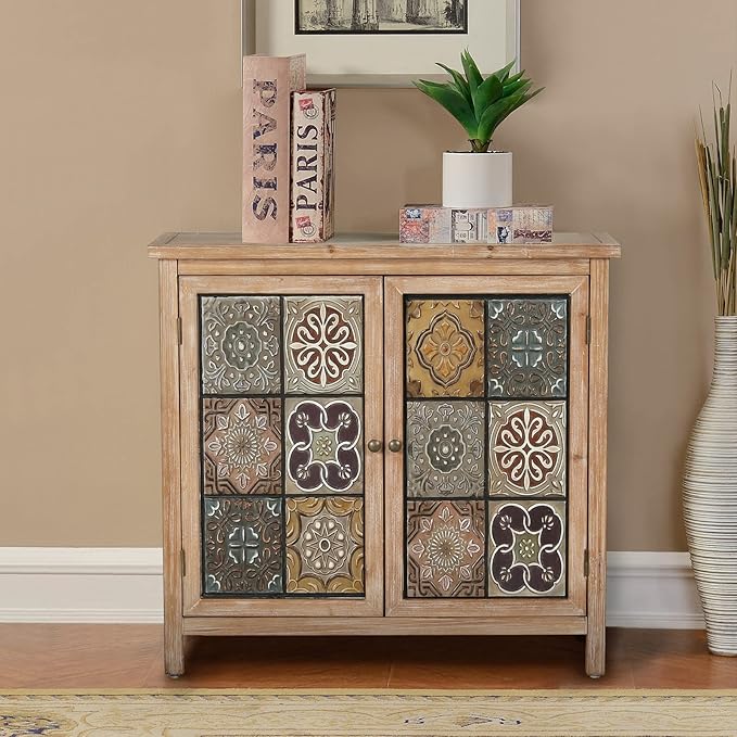 Sophia & William Accent Cabinet with 2 Doors, Distressed Storage Cabinet with Wood Frame and Checkered Patterns for Entryway Living Room