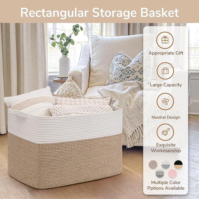 Goodpick 105L Extra Large Blanket Basket 25" x 16" x 16" Cotton Rope Storage Baskets for Organizing, Baby Laundry Basket with Handles, Rectangle Woven Baskets for Storage, Brown
