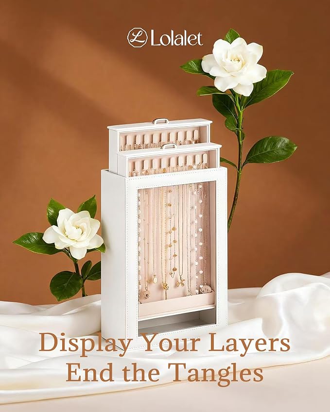 Lolalet Necklace Organizer Box, Jewelry Storage Box with Clear Window for Necklaces Bracelets, Tangle-Free Necklace Display Case for Women Girls, White, 2 Layers 20 Hooks
