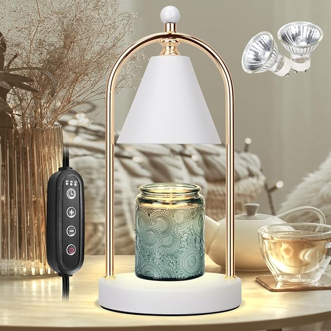 Candle Warmer Lamp With Timer, Electric White Light for Bedroom, Dimmable Wax Melts Warmer for Jars, Beside Lamp Gifts for Women Home Decor (2 Bulbs Included)
