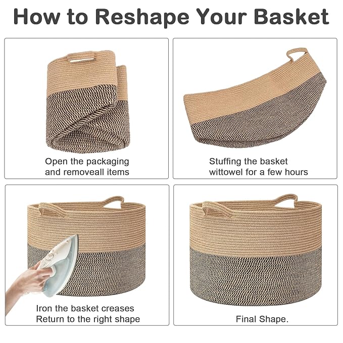 65L Large Blanket Basket,Woven Rope Laundry Basket Hamper with Handles,Decorative Nursery Basket Storage Bin for Toys, Pillows , Clothes Organizer, Living Room, Bedroom, Bathroom, Green&White