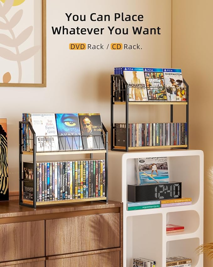 2-Tier DVD Storage Rack, DVD Shelf for Non-slip Feets, DVD Holder Display with 10lb Per Tier, Stores Up to 56 DVDs, Display Organizer Tower for Music Enthusiasts and Collection