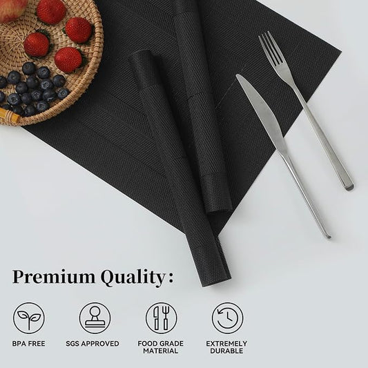 Leetaltree Black Frame Placemats Set of 6 - Heat Resistant Non-Slip Place mats for Dining Table, Washable Durable PVC Vinyl Woven Table Mats(Black Frame, 6)