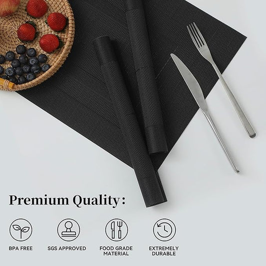 Leetaltree Black Frame Placemats Set of 12 - Heat Resistant Non-Slip Place mats for Dining Table, Washable Durable PVC Vinyl Woven Table Mats(Black Frame, 12)