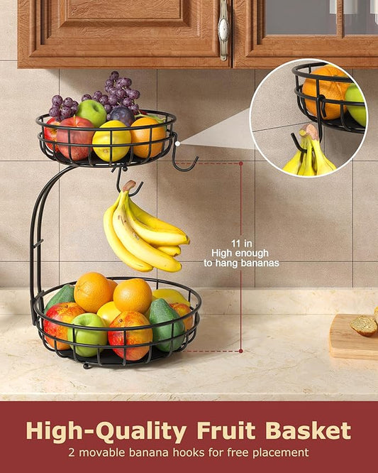 Sevenblue 2 Tier Large Fruit Basket for Kitchen Counter with Removable Banana Hanger - Sturdy Iron Fruit Bowl for Kitchen Counter and Vegetable Holder, Brown, Extra Large