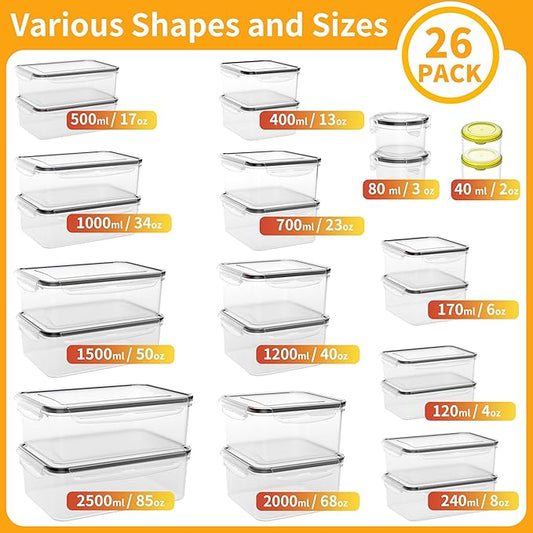 52 PCS Large Food Storage Containers with Lids Airtight, BPA-Free Leakproof Plastic Meal Prep Containers Reusable,Microwave & Dishwasher & Freezer Safe,Includes Labels & Pen