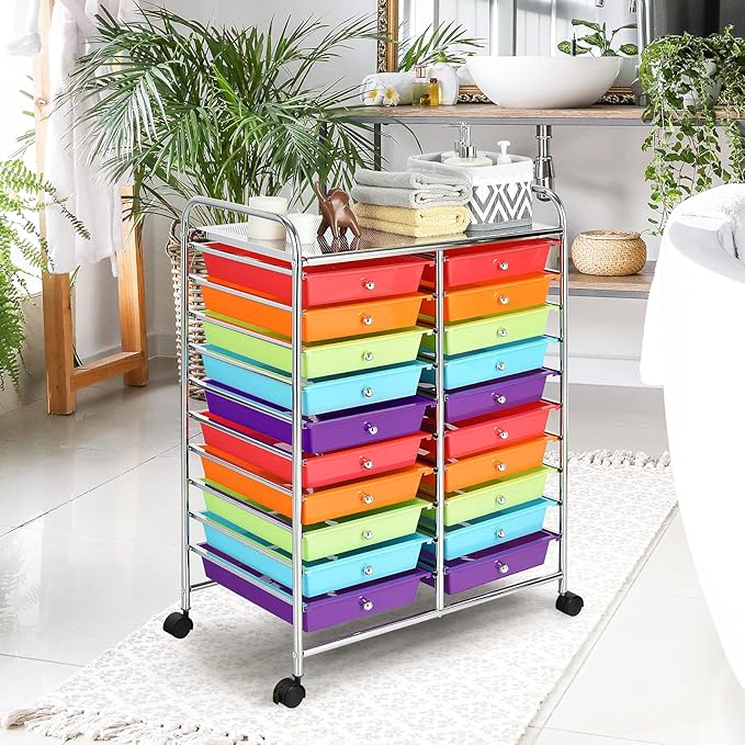 GOFLAME 20-Drawer Rolling Storage Cart, Multifunctional Art Craft Organizer Cart, Mobile Utility Storage Cart with Removable Drawers & Lockable Wheels, Craft Cart for Home Office School, Multicolored