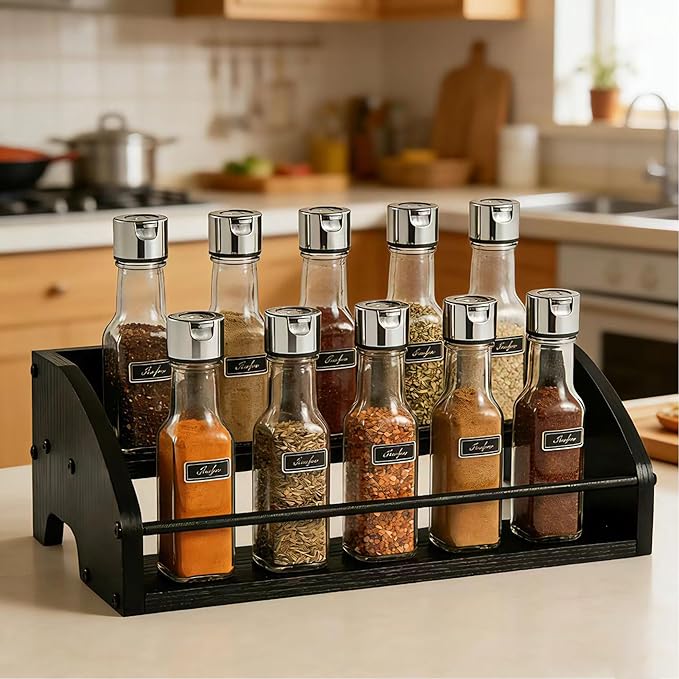 Mini Coffee Syrup Rack, 2-Tier | Syrup Bottles Holder, Liquor Bottle Display Shelf, Rustic Wooden Countertop Organizer, For Coffee Bar, Spirits, Tea