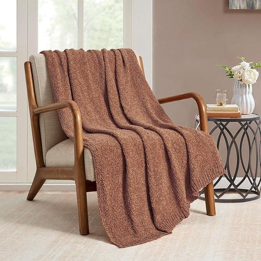 BOURINA Chenille Throw Blanket for Couch Sofa Chair Bed Home Decoration, Soft Warm Cozy Blanket for All Season(50" x 60", Coral)