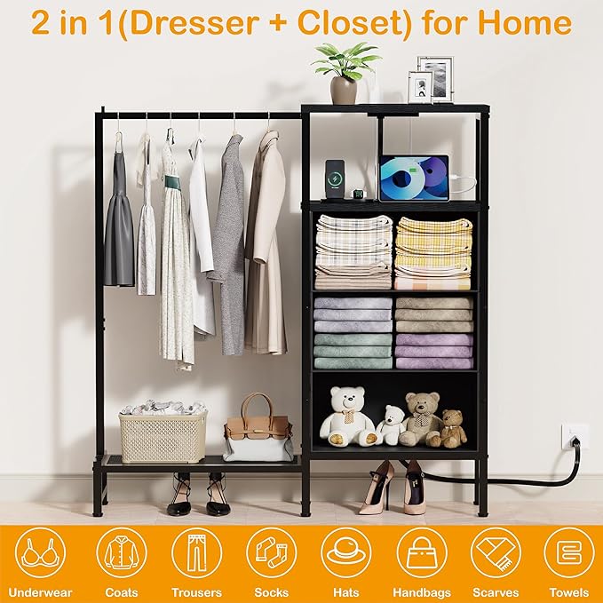 Dresser for Bedroom with Hanging Rack, 3 Drawers Closet with Charging Station, Faric Chest of Drawers with Clothes Rack, Storage Organzier for Hallway Entryway, Black