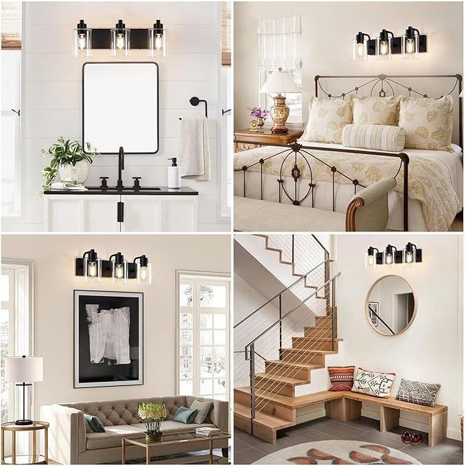 Bathroom Light Fixtures,Matte Black 3-Light Bathroom Lights Over Mirror with Clear Glass Shade,Wall Sconces for Kitchen Living Room Bedroom
