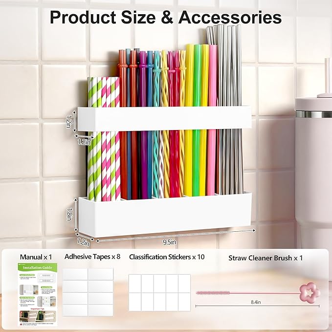 9.5” Large Acrylic Straw Holder for Cabinet Door, Reusable Adjustable Two-Part Straws Organizer with Ultra Sticky Adhesive Strips, 2026 Straw Storage for Kitchen Cupboard (White)