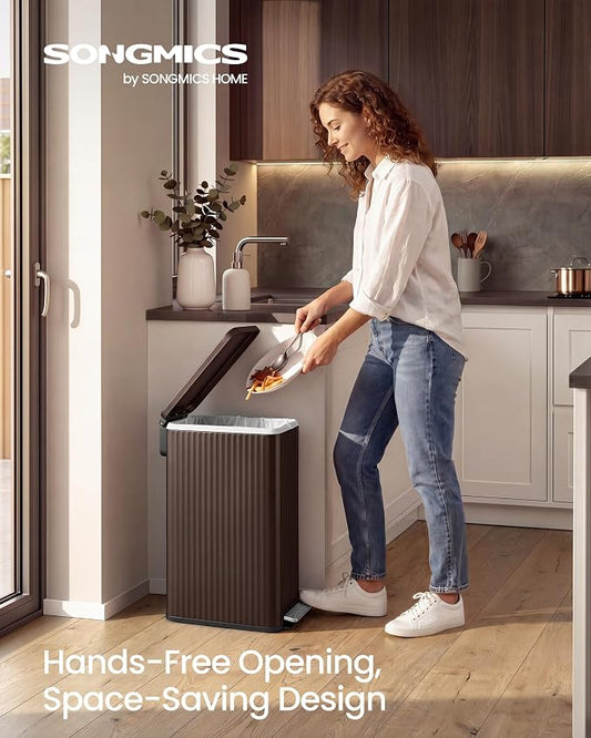 SONGMICS Trash Can, 13 Gallon (50 L) Slim Garbage Can for Kitchen, with Soft-Close Lid, Pedal, Removable Inner Bucket, Stainless Steel, 15 Trash Bags, Space-Saving, Brown ULTB350MZ01