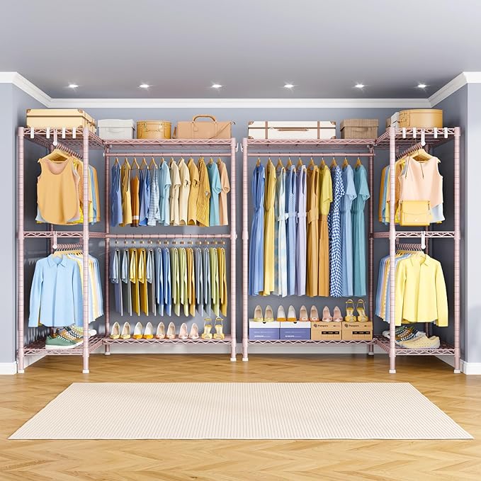 E15 Pro Garment Rack L Shaped Clothes Rack for Corner,Freestanding Clothing Racks for Hanging Clothes,Heavy Duty Closet System with 4 Hanging Rods & 8 S Hooks,48.8"W x 15.8"D x 78.4"H,Pink