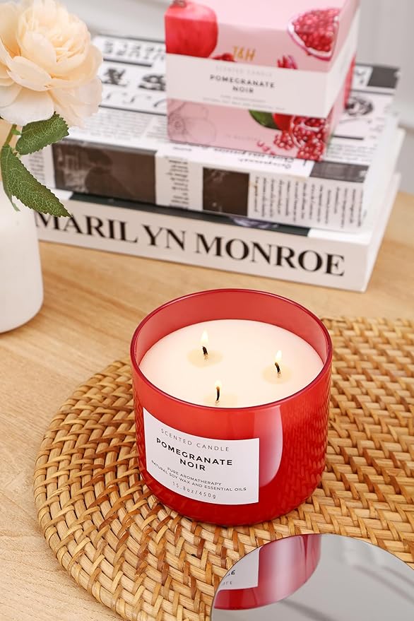 Pomegranate Noir Vanilla 3 Wick Candle | Highly Scented Natural Soy Candle 15.8 oz | Aromatherapy Stress Relief Candle Long Lasting & Clean Burn | Luxury Relaxing Gift for Home, Women & Men
