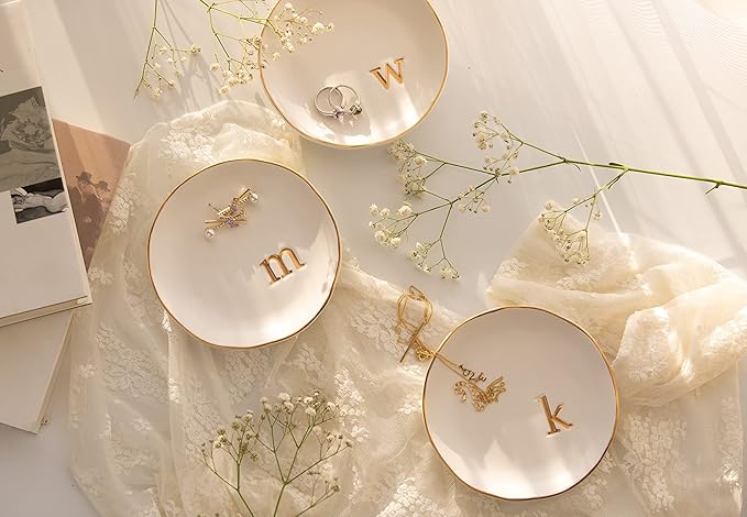 COLLECTIVE HOME - Ceramic Jewelry Tray, Decorative Trinket Dish for Rings Earrings Necklaces Bracelet Watch Keys, Birthday Mother's Day Christmas Gift for Women, 4.75", White Surface (V)