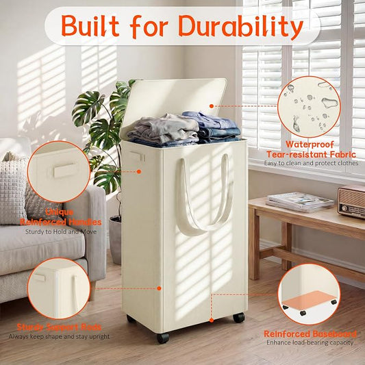 Slim Laundry Hamper with Wheels,18 Gal (70L) Rolling Laundry Basket with lid and wheels Clothes Hamper Foldable Tall Dirty Clothes Basket Sturdy Collapsible Clothes Hamper for Dorm,Laundry Room