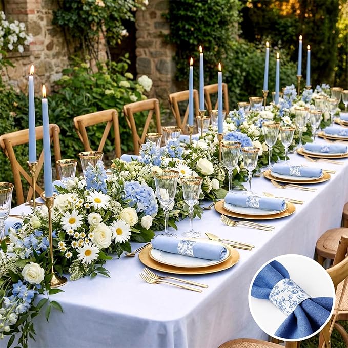 300 Pcs Wedding Paper Napkin Rings Disposable Napkin Bands Self Adhesive Blue White Flower Silverware Wrap Band for Wedding Birthday Holiday Party Dinner Table Setting Decoration