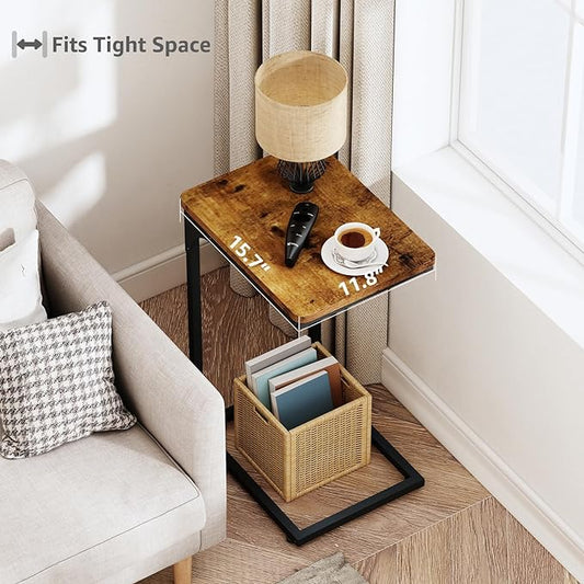 QEEIG C Table Side Table Living Room C Shaped Couch Tray End Table Farmhouse 1 Pack, Rustic Brown (017-30BN-1)