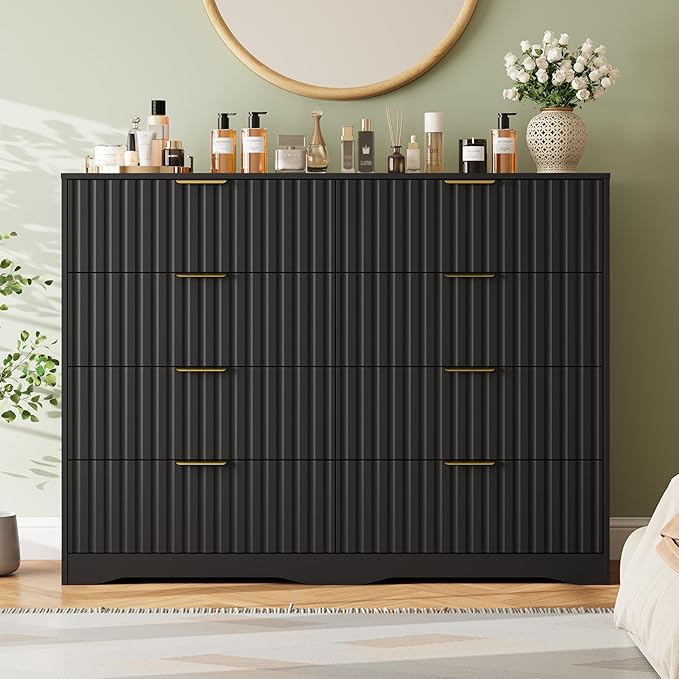 Fluted 8 Drawers Dresser for Bedroom, 55" Wide Wood Dressers Chest of Drawers with Metal Handle, Modern Dresser Storage Organizer for Living Room, Black