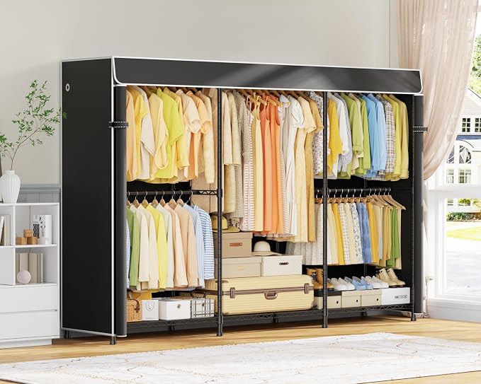 ULIFHOME E14C Max Heavy Duty Closet Organizer System,Freestanding Clothing Racks for Hanging Clothes,Adjustable Garment Rack 86" W × 16" D × 77" H Hold 1060 lbs,Black Rack with Black Cover