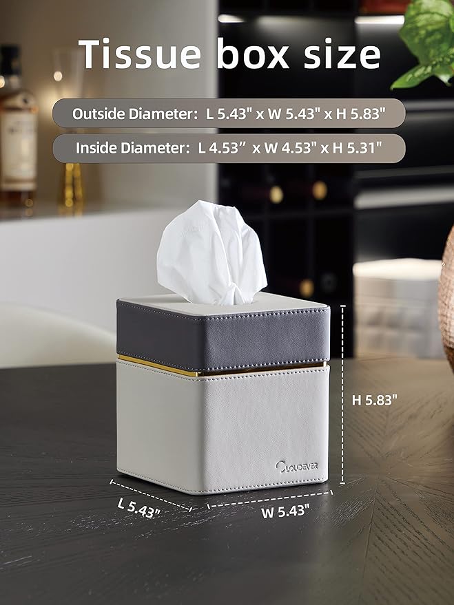 Cloudever Tissue Box Holder Cover Square, Modern PU Leather Decorative Tissue Cube Holder Organizer - Moon Grey