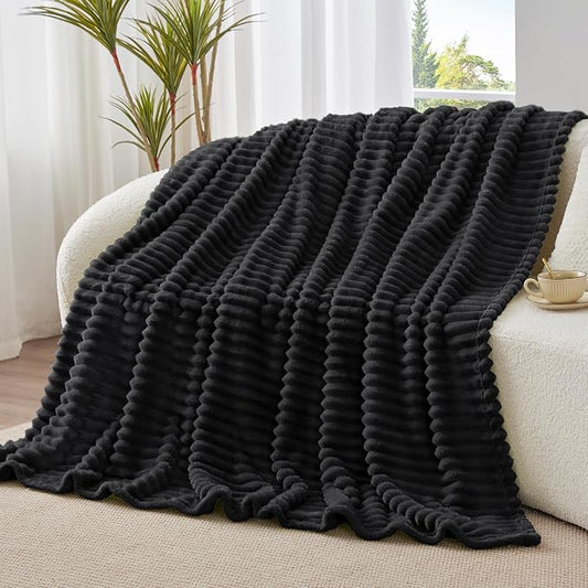 BEDELITE Fleece Black Throw Blanket for Couch - 300GSM Soft & Warm Fluffy Black Blanket, Decorative and Giftable Striped Blankets for Women, Men, 50"x60"