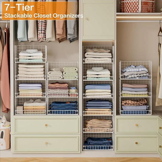 Yociyoga 7-Tier Stackable Closet Organizers and Storage Shelves, Foldable Closet Shelf Organizer System, Stackable Storage Bins Drawers for Closet Organizer System, White(Patent No. 30022416)