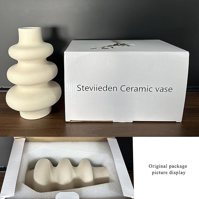 Steviieden Ceramic Modern Dried Flower Vase, Off White Round Pampas Vase, Boho Home Decor for Centerpiece Wedding Dinner Table Party Living Room Office Bedroom, Housewarming Gift