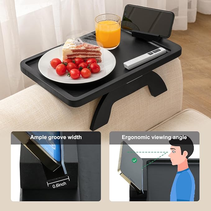 SINWANT Couch Arm Table, Bamboo Sofa Clip On Side Table Tray,Foldable Sofa Arm Tray with 360° Phone Holder for Eating Drinking Snacks Remote on Couch Armrest