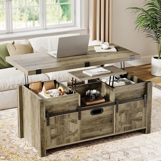 Memobarco 40" Farmhouse Lift Top Coffee Table with Sliding Barn Door,4 in 1 Multi-Function Coffee Tables with Storage Drawers & Hidden Compartment,Converts to Dining Table for Living Room,Grey